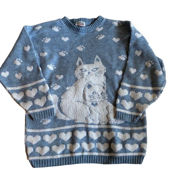 New Additions Maternity Sweaters - Vintage Sweater Womens Medium Blue/White Cat Paw & Heart Print Crewneck USA 90s